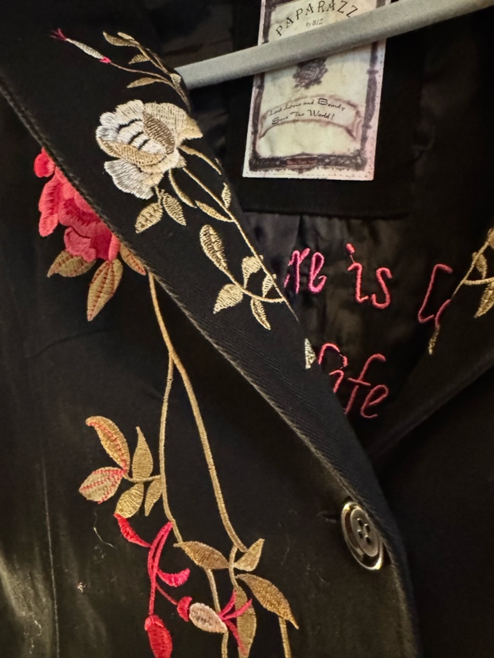 paparazzi Black Trench Coat with Gold Vine and Pink Floral Embroidery